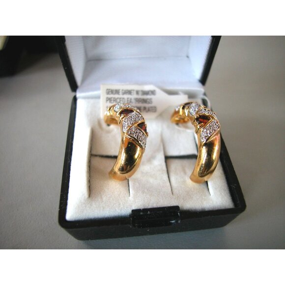 Garnet with Diamonds, 14K Gold 2 Tone Plated  Pierced Earrings - Picture 1 of 1